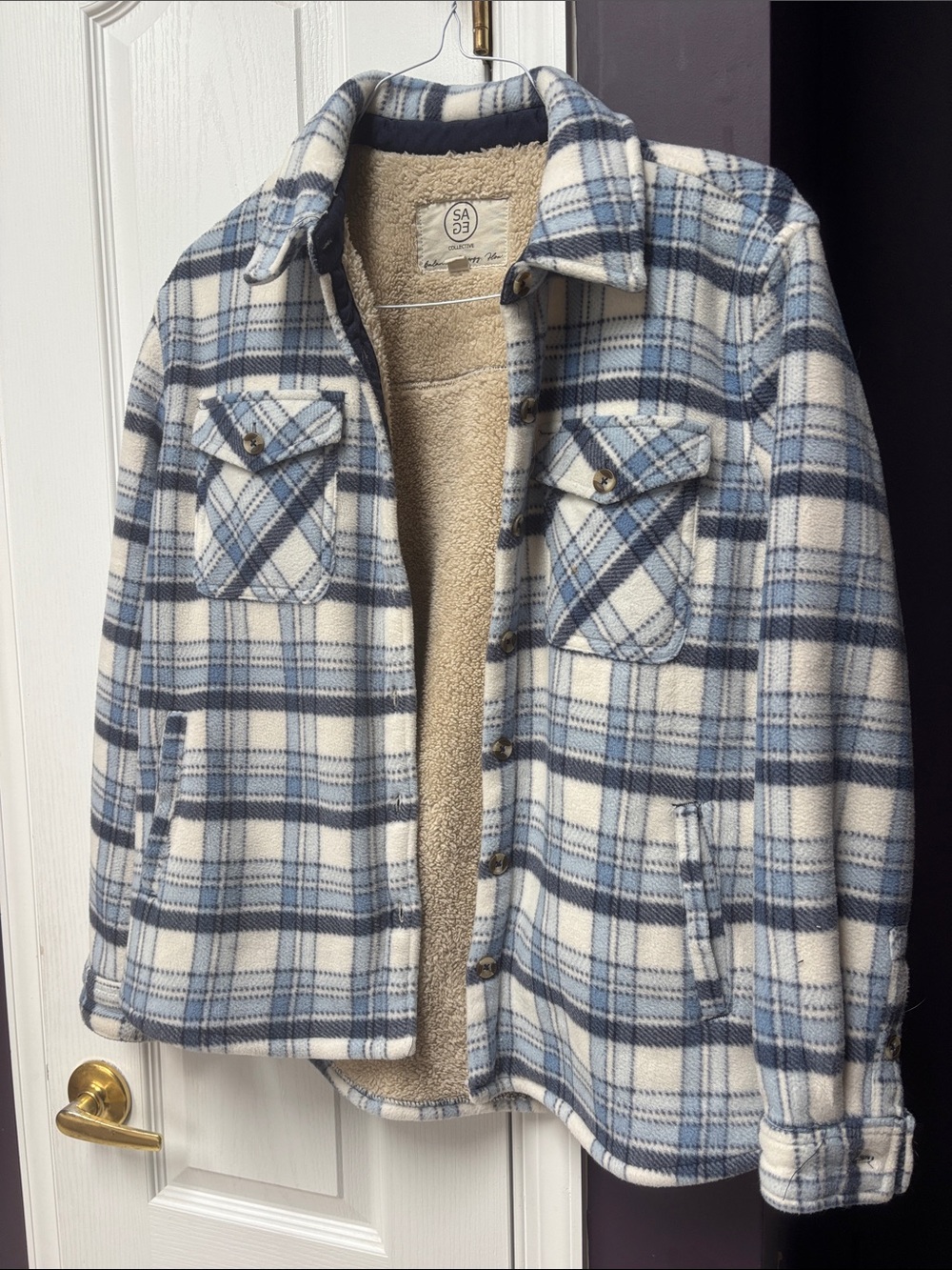 Sage Blue & White Plaid Sherpa-Lined Shirt Jacket